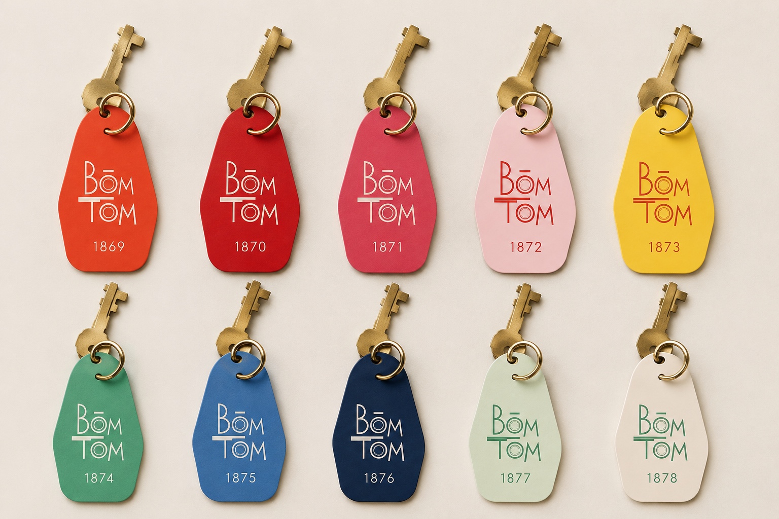 Key tags — a colour and a year each, BŌM TOM 1869 onward